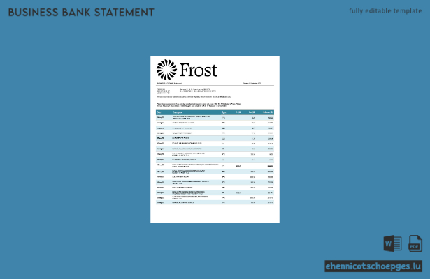 Frost Bankers Unternehmenskontoauszug – Beispielansicht (Word und PDF)